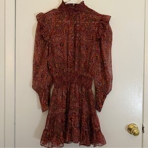 MISA Los Angeles Gianna Long Sleeve Bohemian Red Paisley High Neck Mini Dress